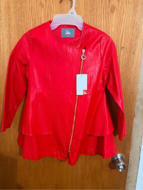 SEND OFFER !!  Girl’s Red Vegan Leather Peplum Zip Jacket with Heart Zip Pull